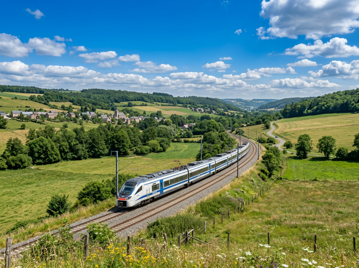 High-speed passenger train traveling on railway tracks through green countryside
